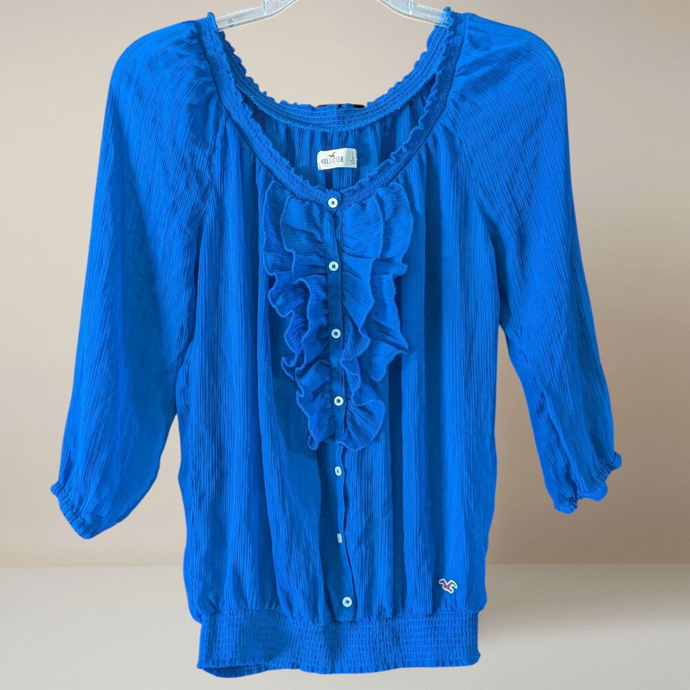 Hollister Sheer Blue Smocked Crinkle Chiffon Summer Blouse Ruffle Trim Large